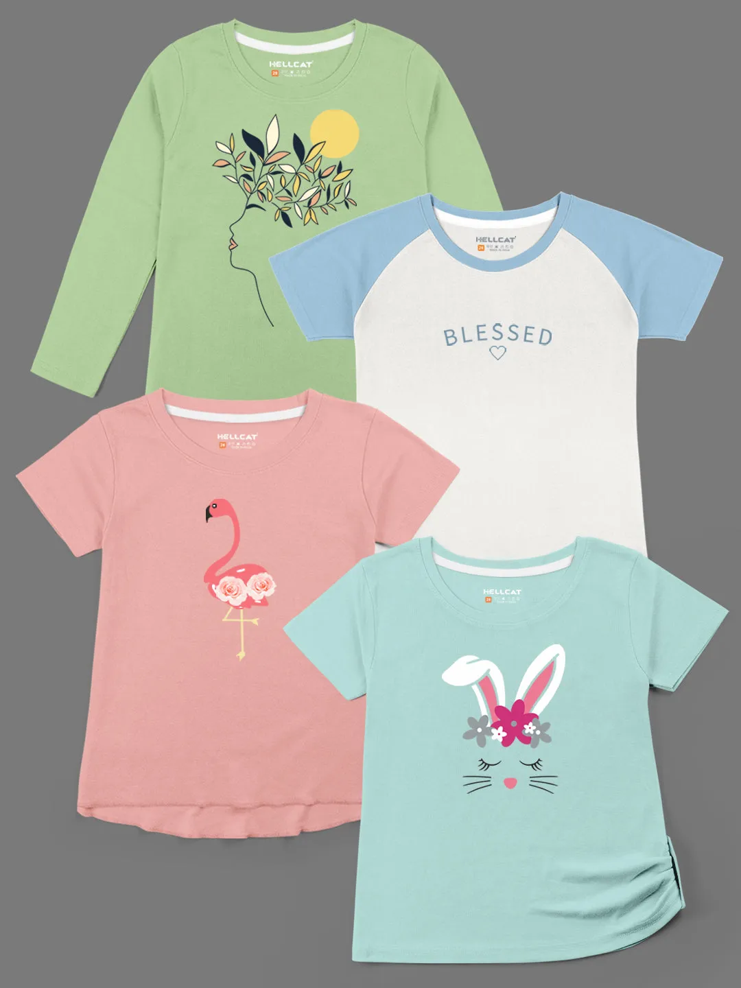 Trendy Printed Round Neck with Short Sleeve /Long Sleeve Multi colour Tshirts for Girls - Pack of 4