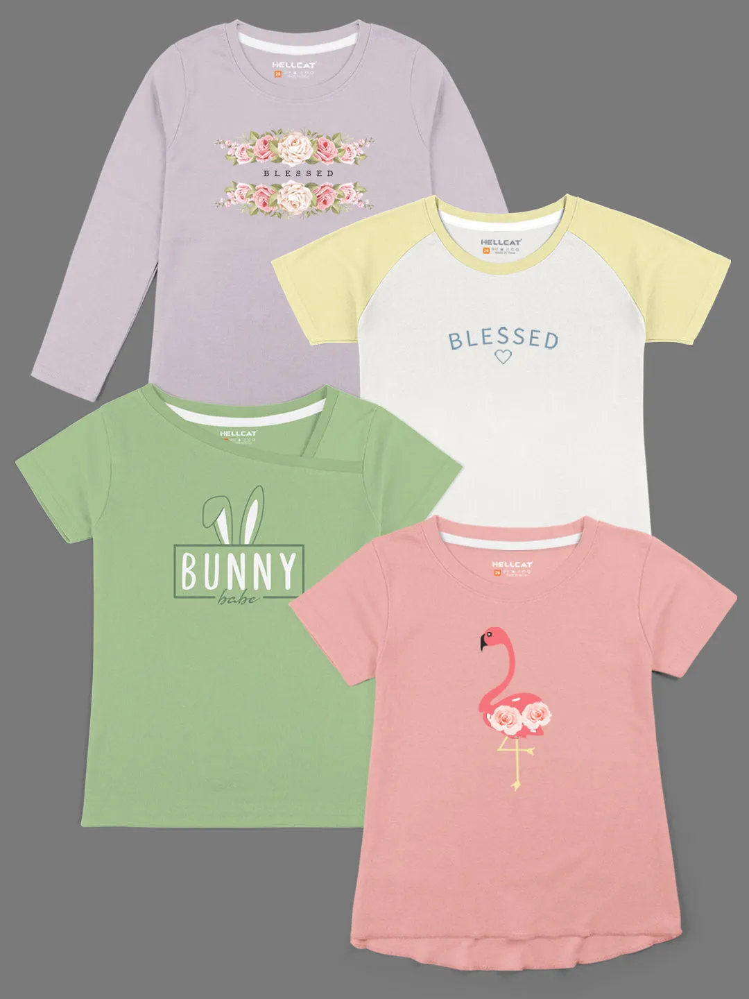 Trendy Printed Round Neck with Short Sleeve /Long Sleeve Multi colour Tshirts for Girls - Pack of 4