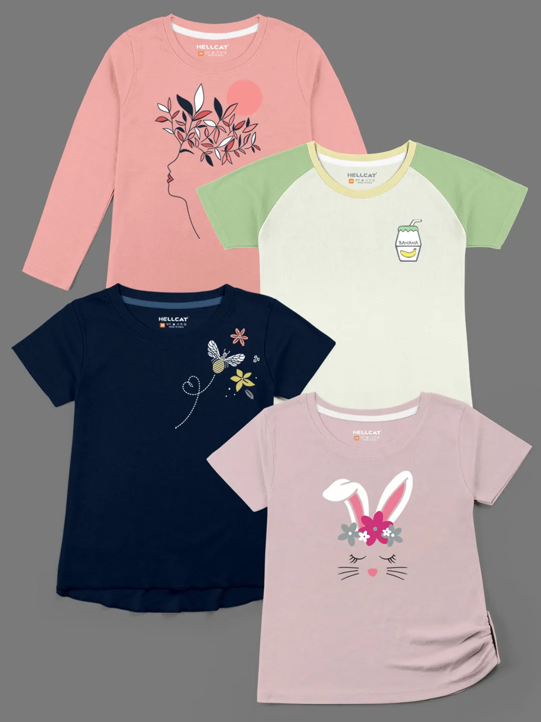Trendy Printed Round Neck with Short Sleeve /Long Sleeve Multi colour Tshirts for Girls - Pack of 4