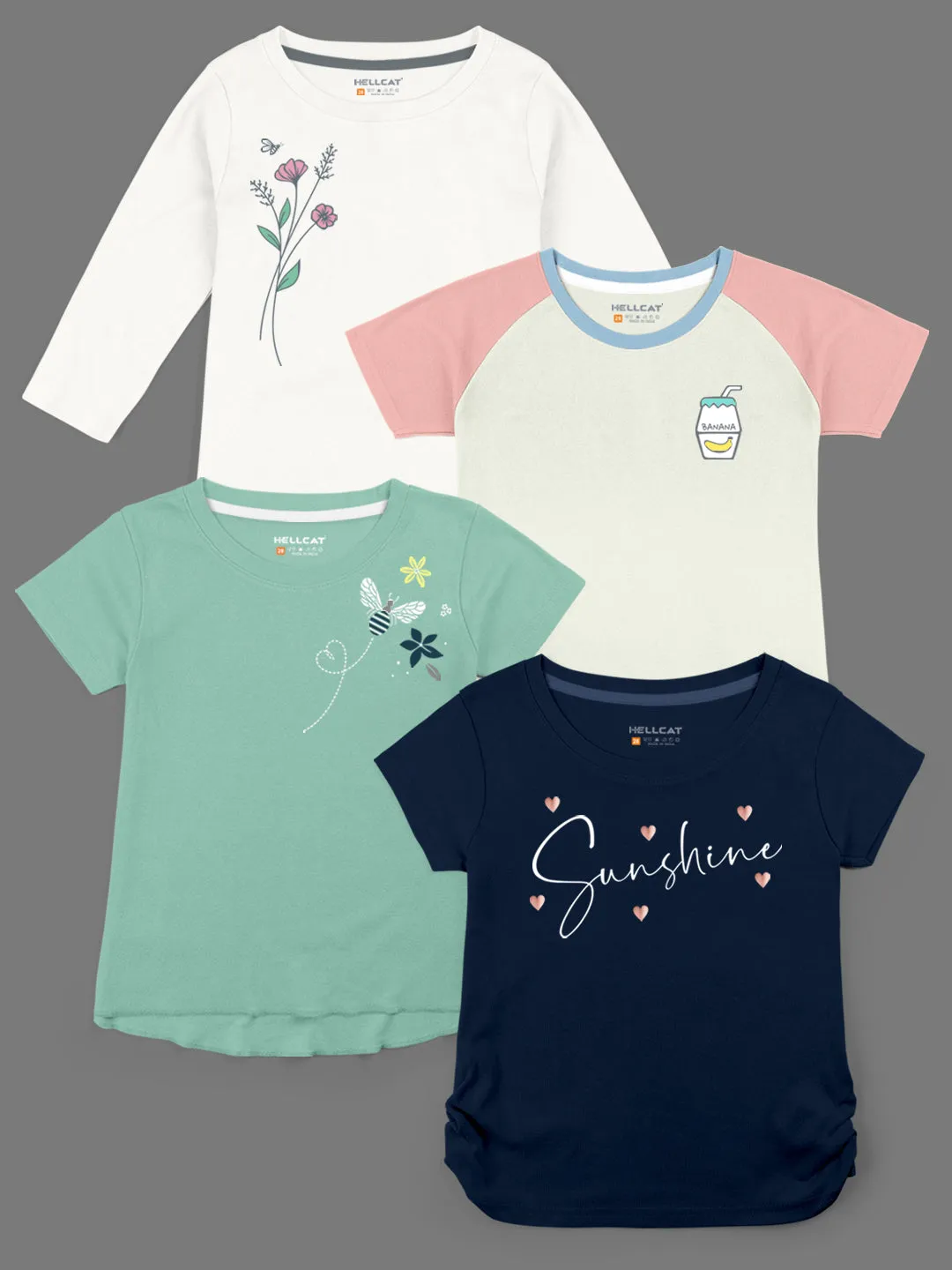 Trendy Printed Round Neck with Short Sleeve /Long Sleeve Multi colour Tshirts for Girls - Pack of 4