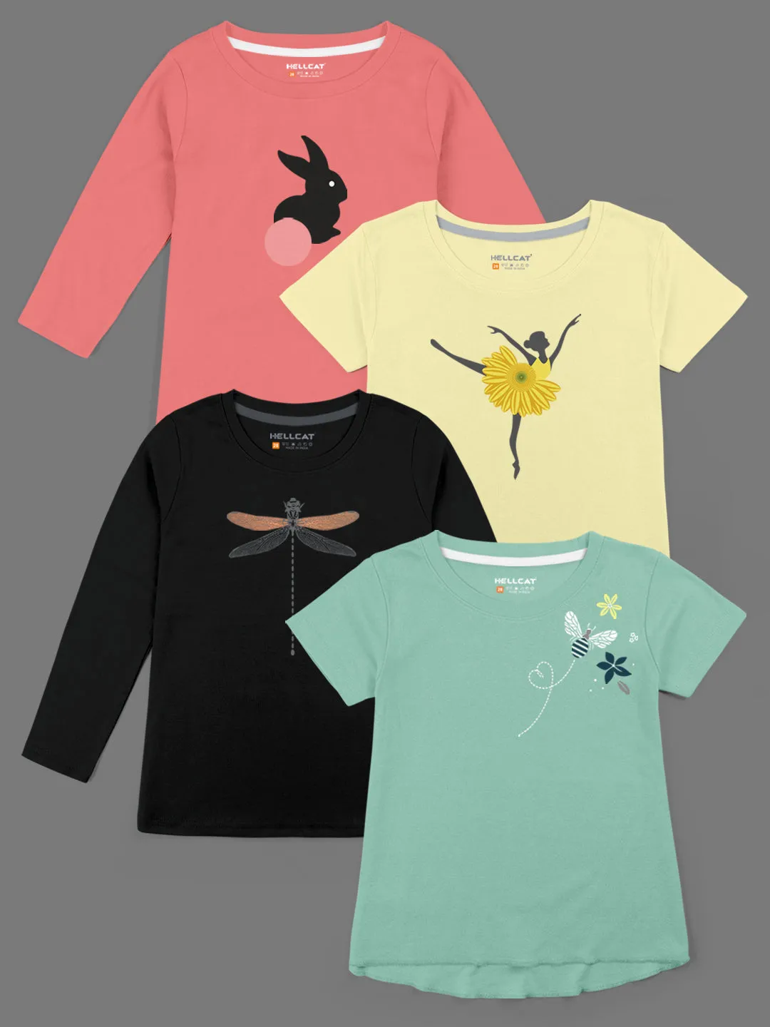Trendy Printed Round Neck with Short Sleeve /Long Sleeve Multi colour Tshirts for Girls - Pack of 4