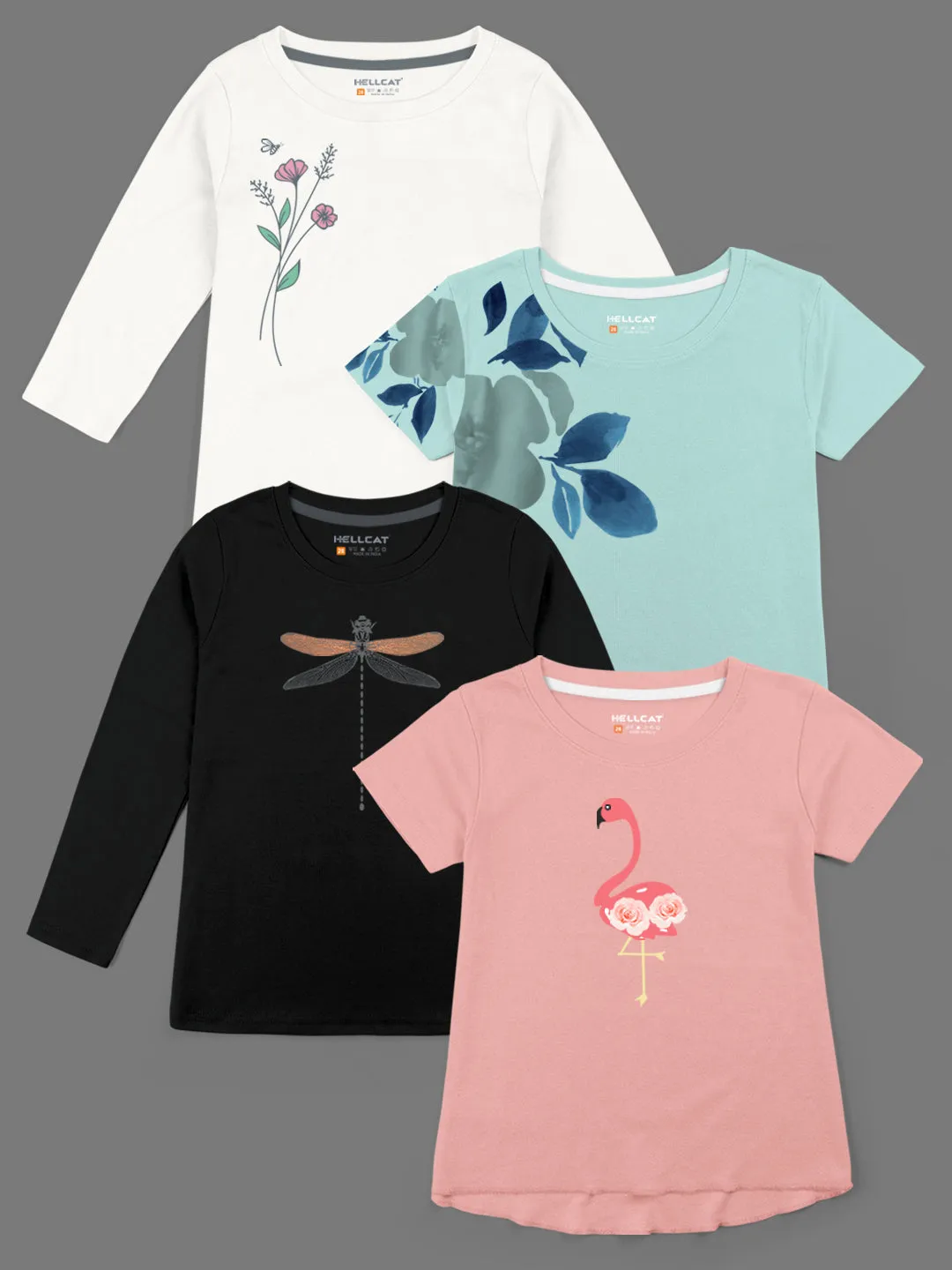 Trendy Printed Round Neck with Short Sleeve /Long Sleeve Multi colour Tshirts for Girls - Pack of 4