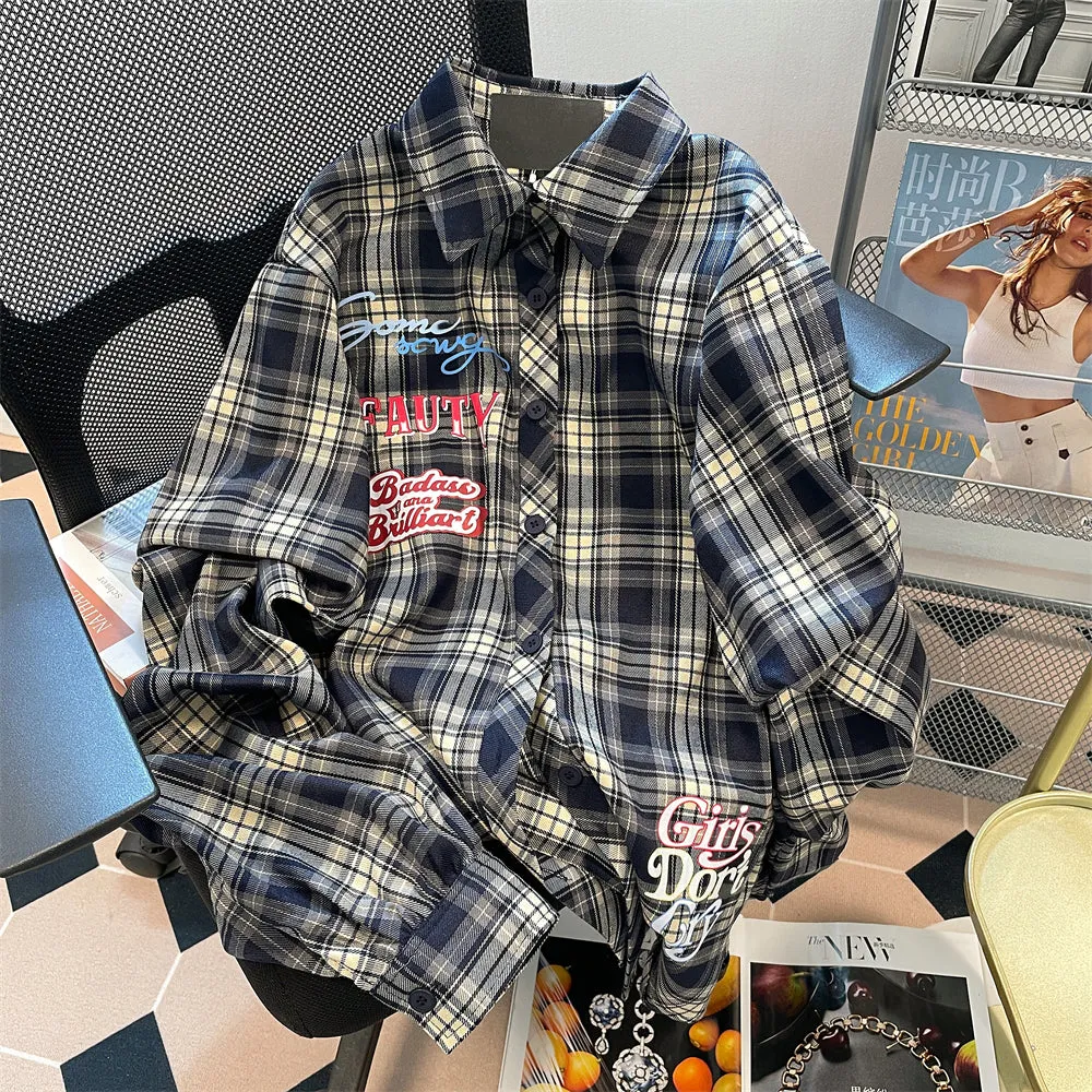 Vintage Embroidered Loose Plaid Shirt