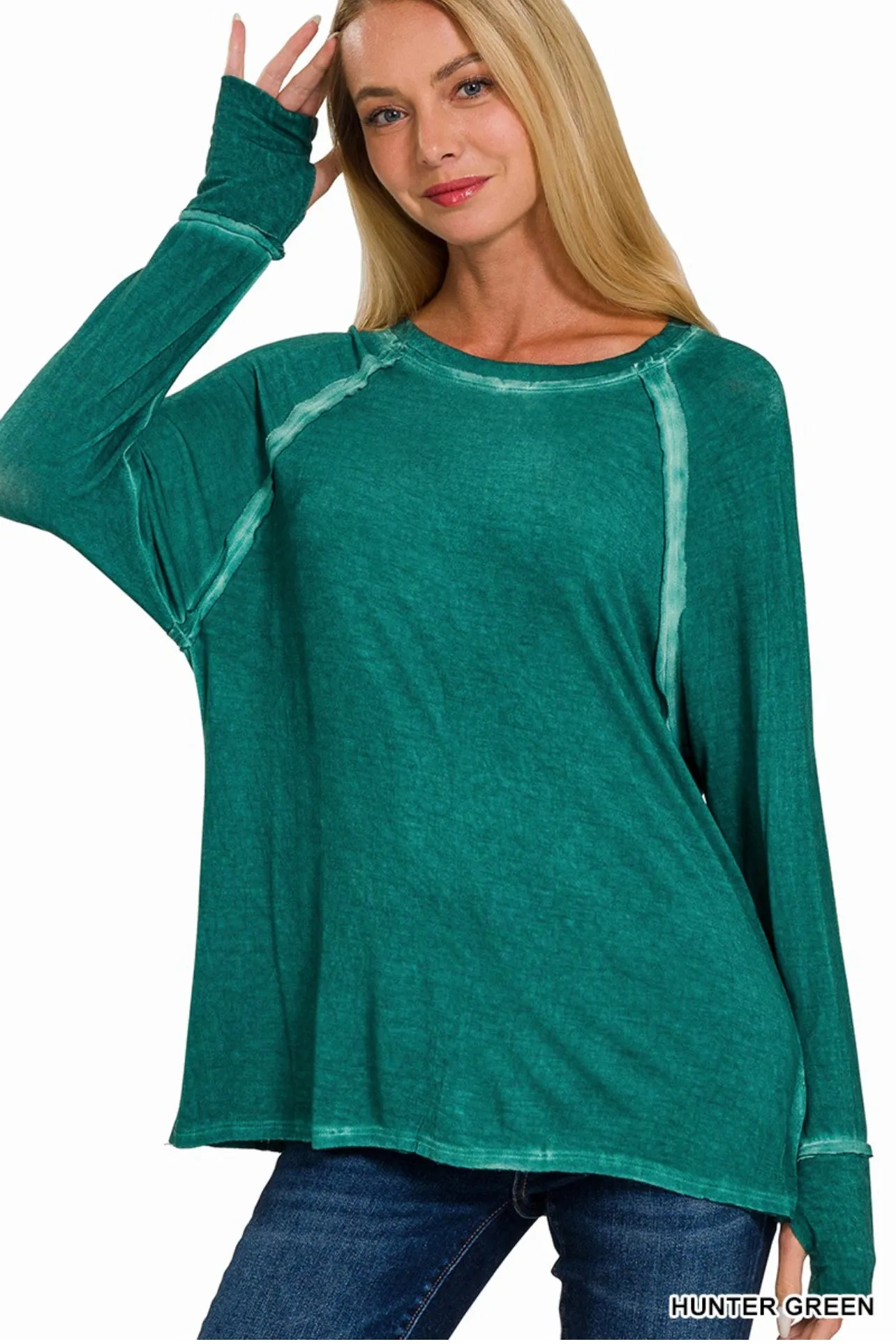 WASHED THUMB HOLE CUFFS SCOOP-NECK LONG SLEEVE TOP