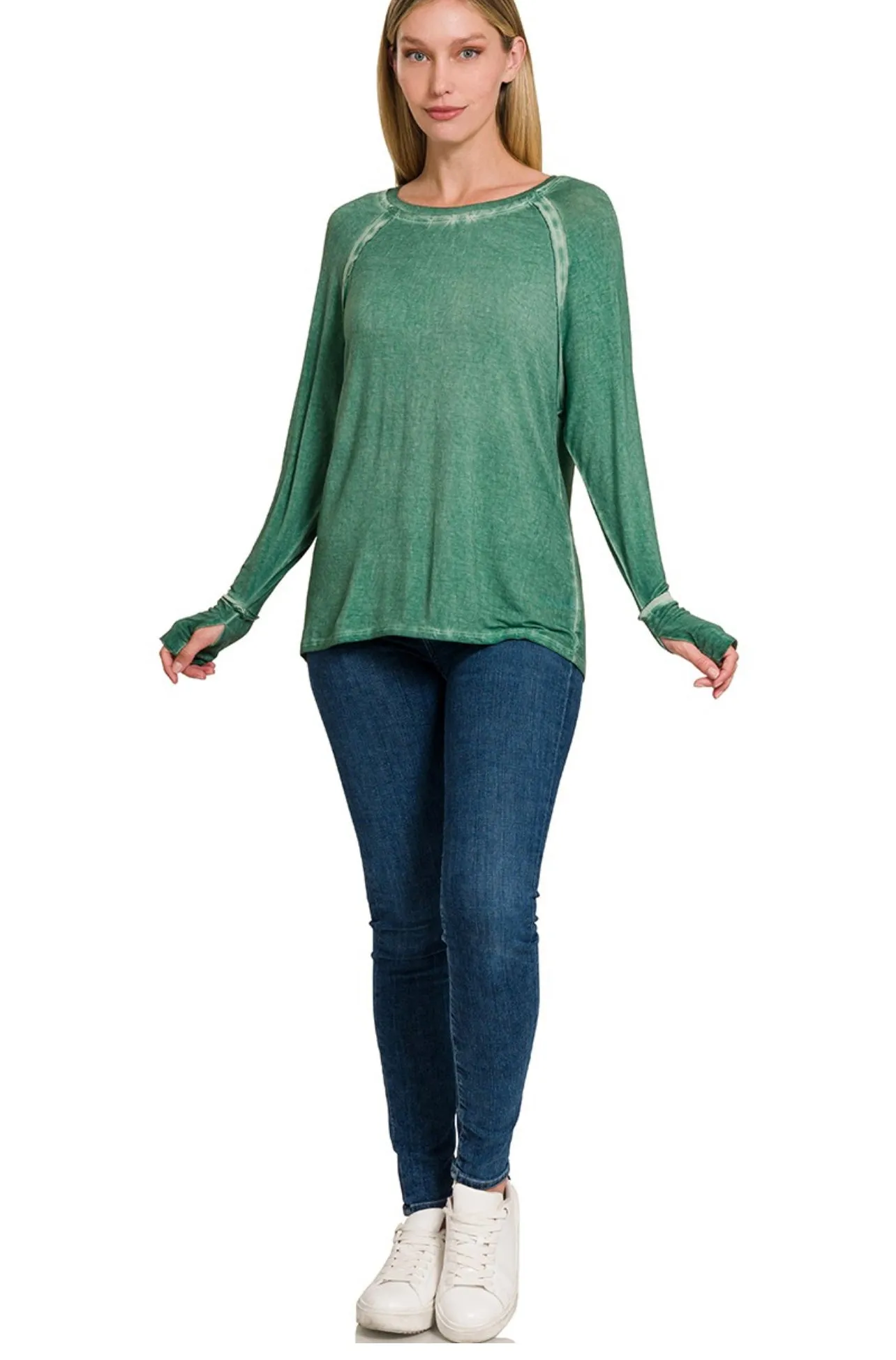 WASHED THUMB HOLE CUFFS SCOOP-NECK LONG SLEEVE TOP