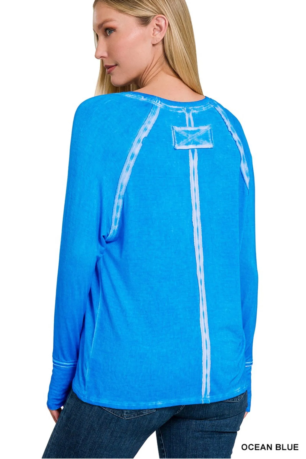 WASHED THUMB HOLE CUFFS SCOOP-NECK LONG SLEEVE TOP
