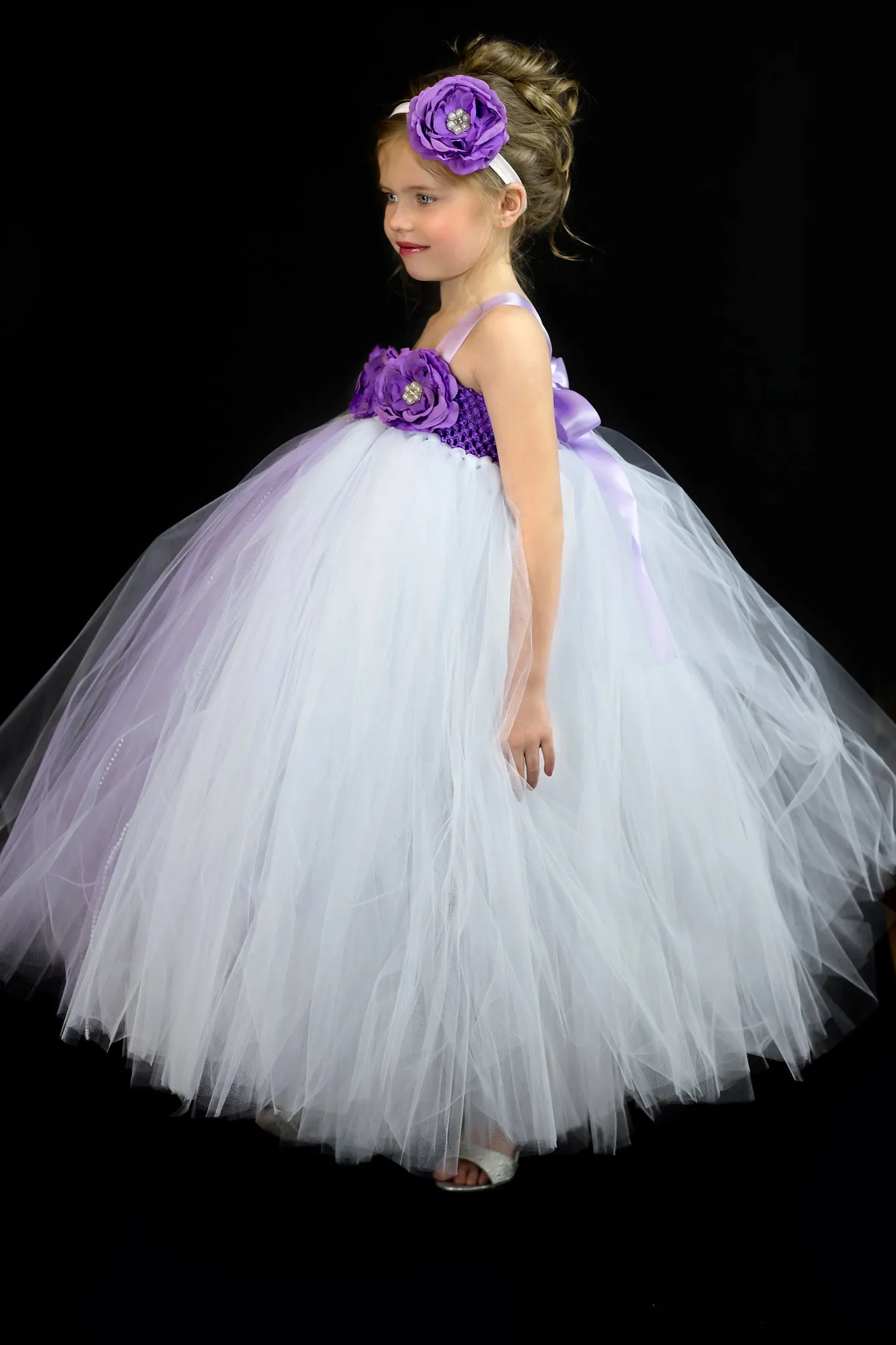 White and Purple Flower Girl Dress, White Tutu, White and Purple Girls Tutu Dress
