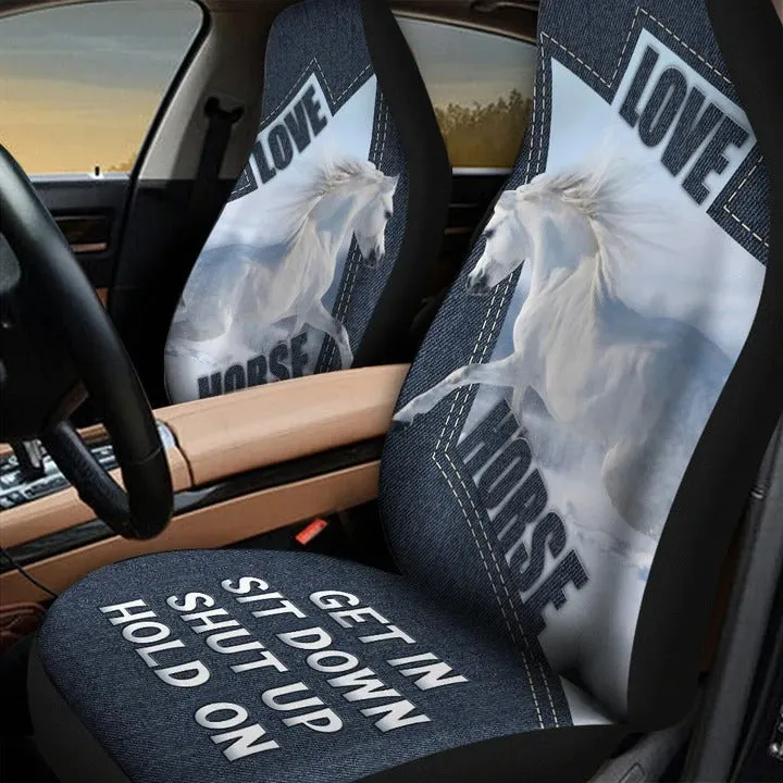 White Horse On Ice Car Seat Cover For Winter, Shut Up Hold On Horse Carseat Covers