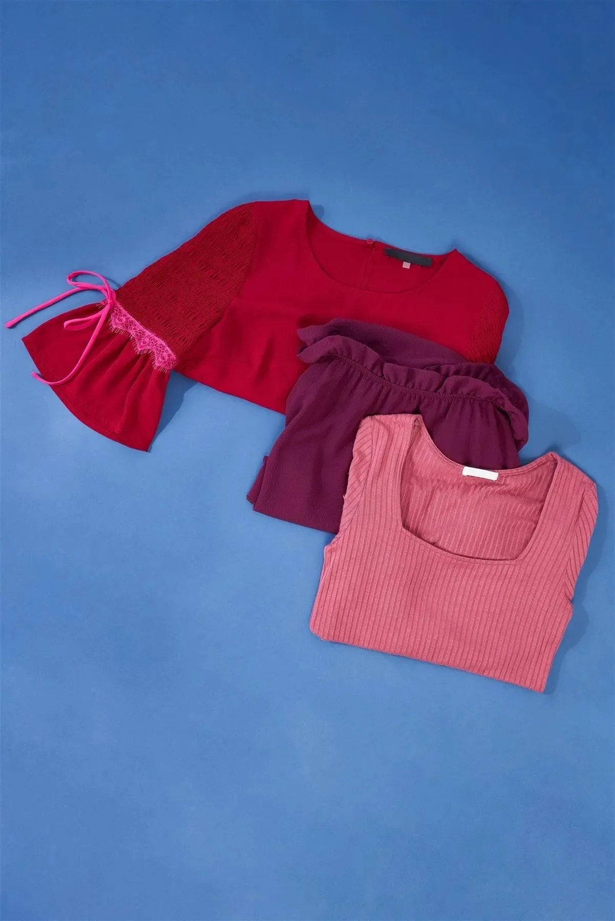 Wine Off-The-Shoulder Midi Sleeve With Self-Tie Detail Top