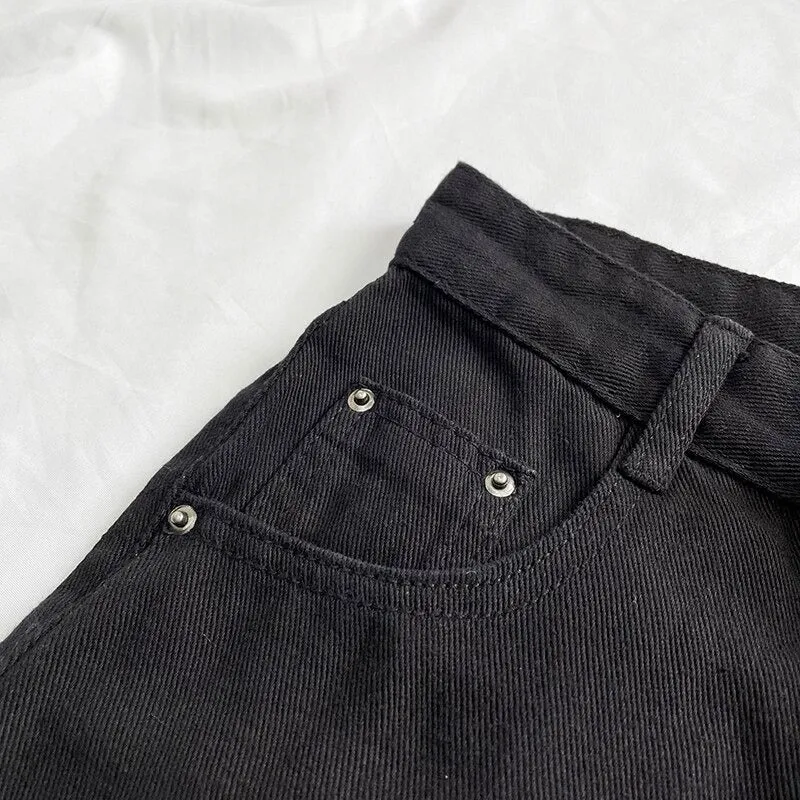 Women High Waisted Denim Jean Black White Solid Cotton Zipper Fly