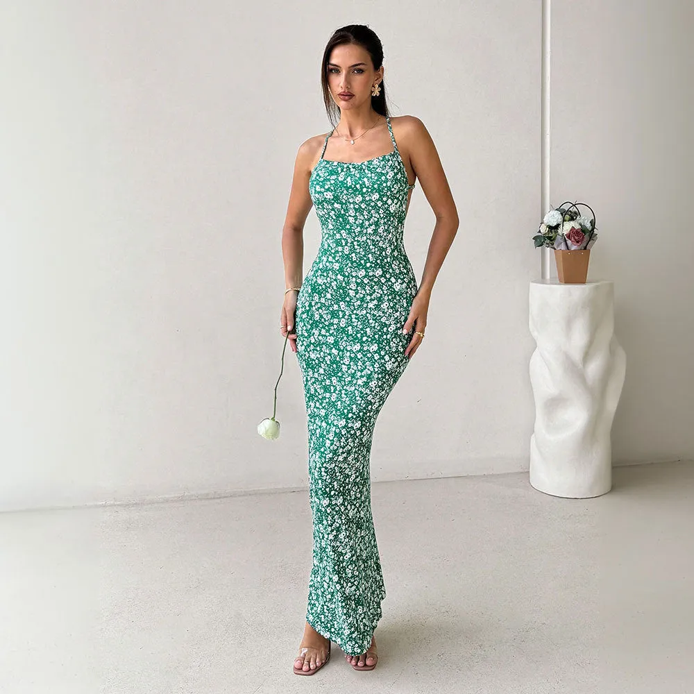 Womens Sundress  Slim Fit  Floral Print  Spaghetti Straps  Open Back  Full Length