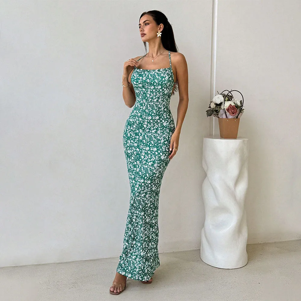 Womens Sundress  Slim Fit  Floral Print  Spaghetti Straps  Open Back  Full Length