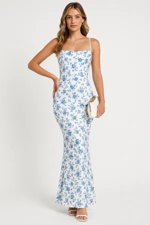 Womens Sundress  Slim Fit  Floral Print  Spaghetti Straps  Open Back  Full Length