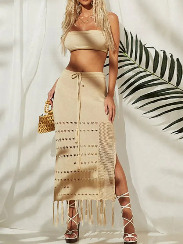 Women's Two Piece Crochet Beach Wear Set Including Floor Length Skirt And Bandeau Top