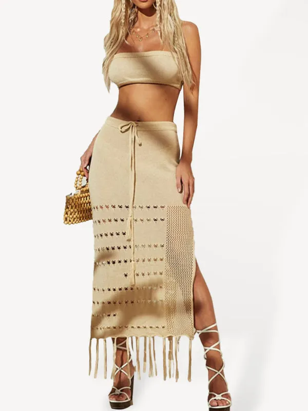 Women's Two Piece Crochet Beach Wear Set Including Floor Length Skirt And Bandeau Top
