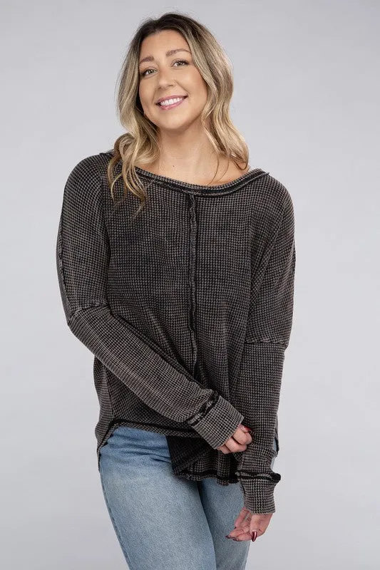 Zenana Plus Washed Baby Waffle Oversized Long Sleeve Top