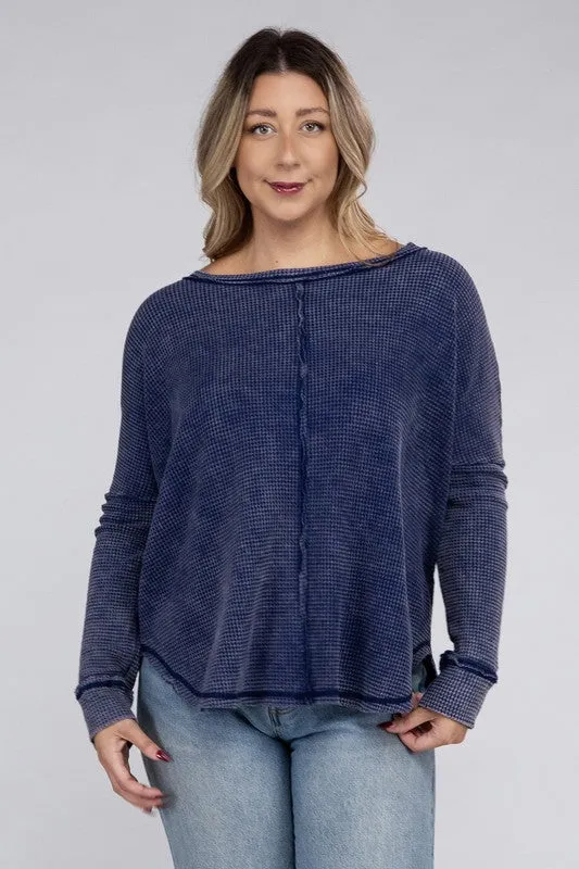Zenana Plus Washed Baby Waffle Oversized Long Sleeve Top