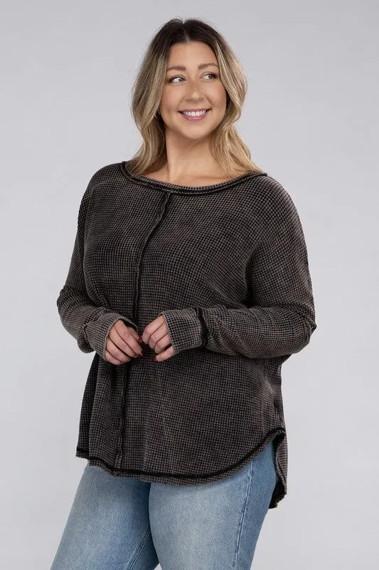 Zenana Plus Washed Baby Waffle Oversized Long Sleeve Top