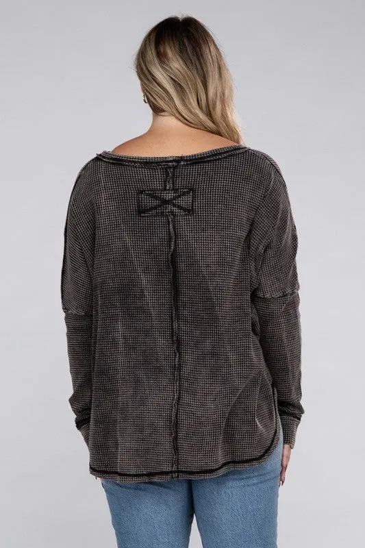 Zenana Plus Washed Baby Waffle Oversized Long Sleeve Top